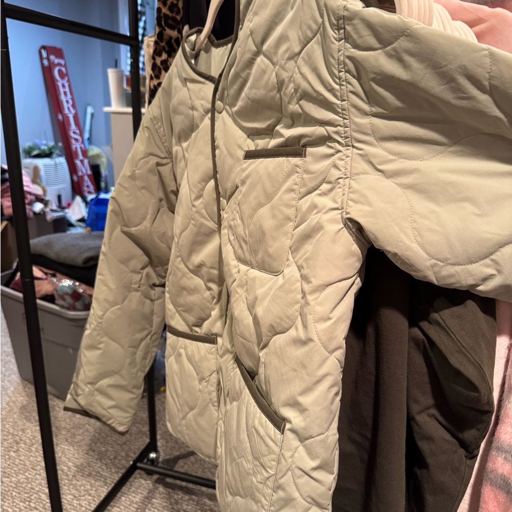 Original Use Light green Quilted Jacket with Brown Trim